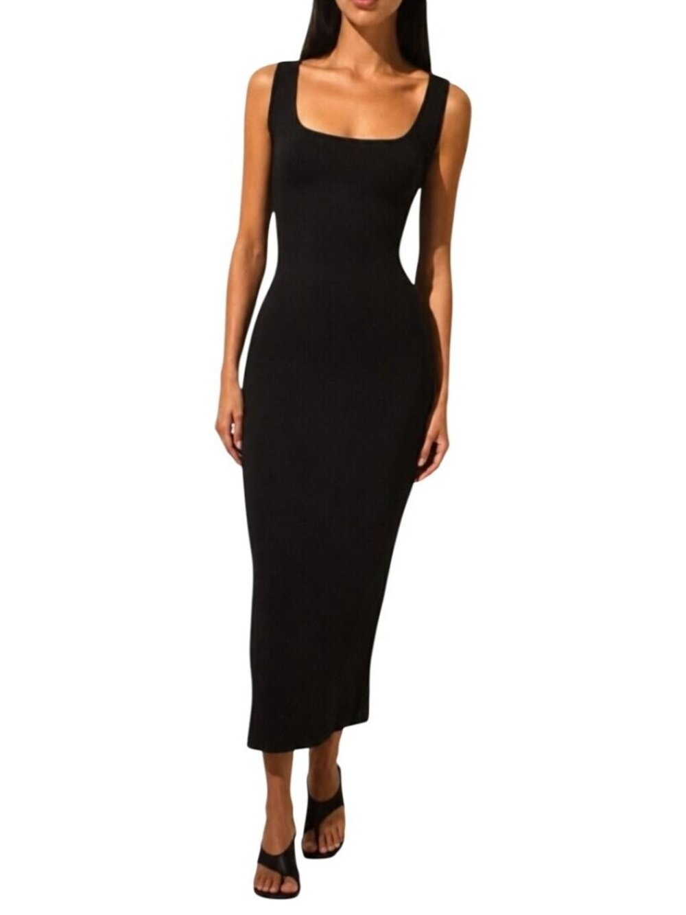 Skims Onyx Long Sleeveless Body Slip Dress Bodysuit Snap Closure Black NWT Large
